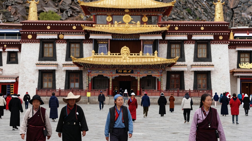 Pilgrims crossing the forecourt of a gold-roofed Tibetan temple set against a rock hillside.