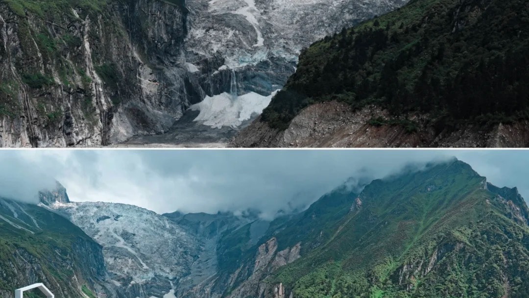 A viewing deck facing the glacier and snow-covered slopes of Mount Gongga in Hailuogou.