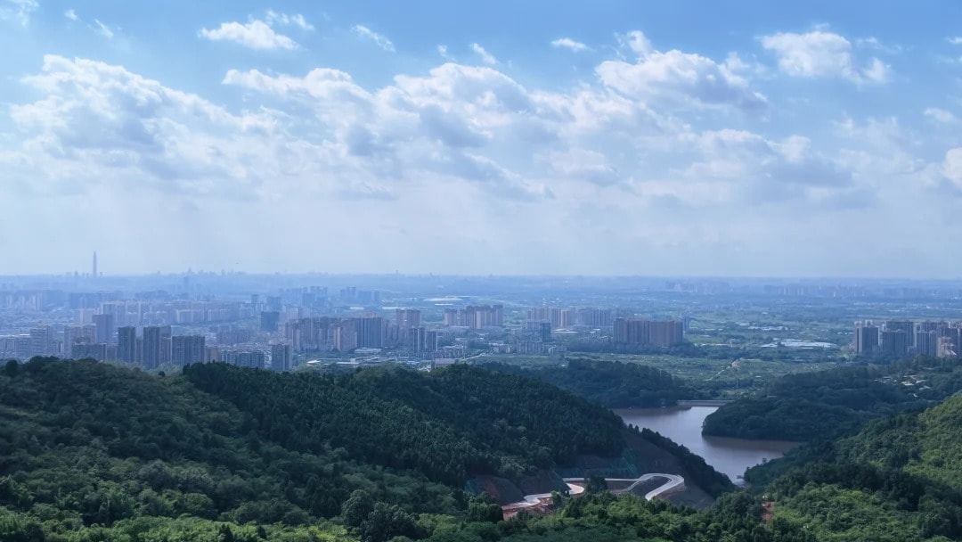 A green hillside on Longquan Mountain looking out over the Chengdu Plain.