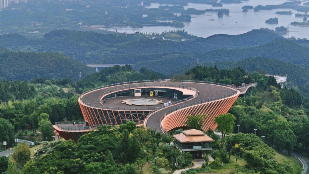 The circular Danjingtai viewing platform on the Longquan Mountain ridge above the Chengdu Plain.