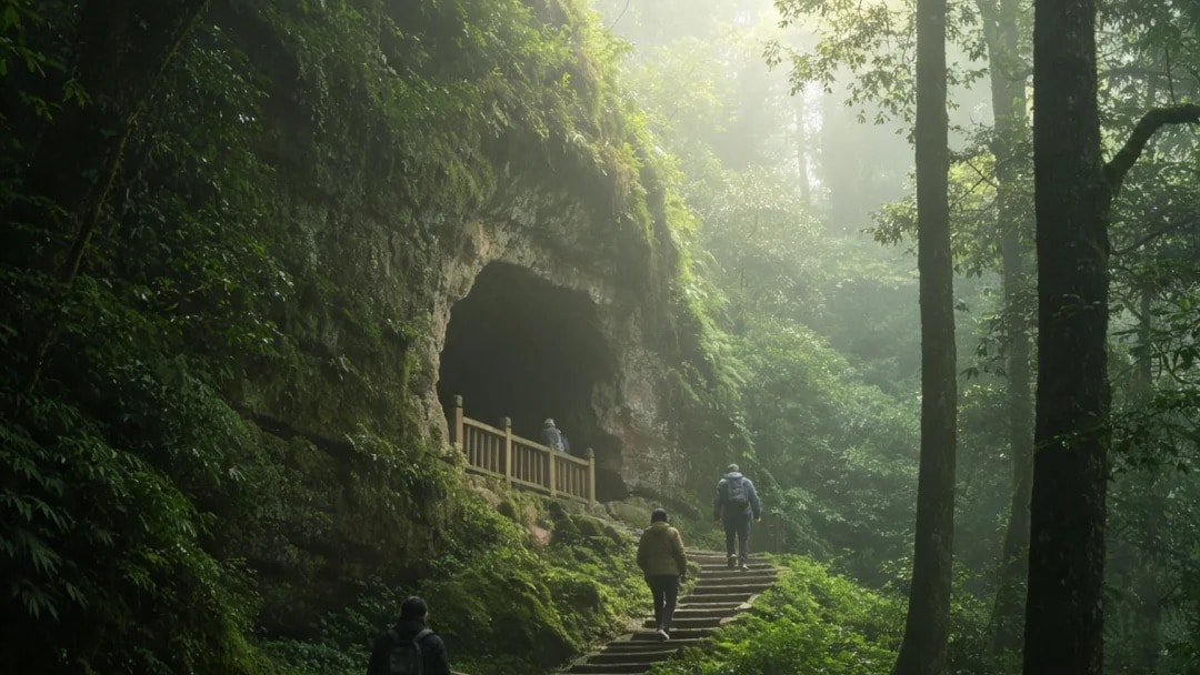 A stone stairway climbing through misty green forest toward a rock tunnel on Qingcheng Mountain.