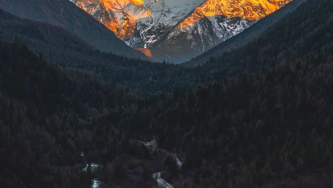 The snow-covered summit of Yala Snow Mountain glowing gold at dawn above a dark valley.