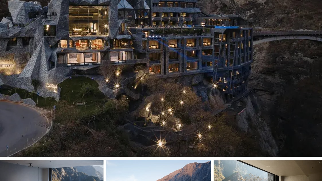 Luxury mountain resort with modern stone architecture, infinity pool, and scenic canyon views.