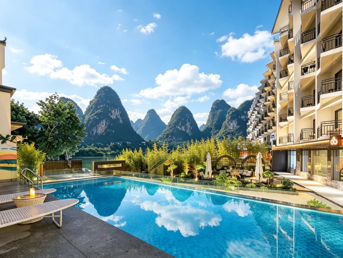 Blue courtyard pool between hotel wings, river and karst peaks beyond the bamboo
