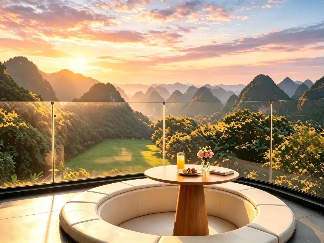 Curved balcony bench and round table behind glass railing, sunlit karst peaks at sunrise