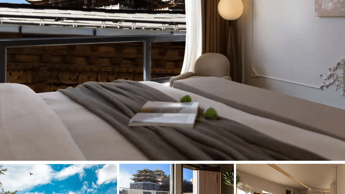 Luxury hotel room interior with a view of a traditional Tibetan temple in Shangri-La.