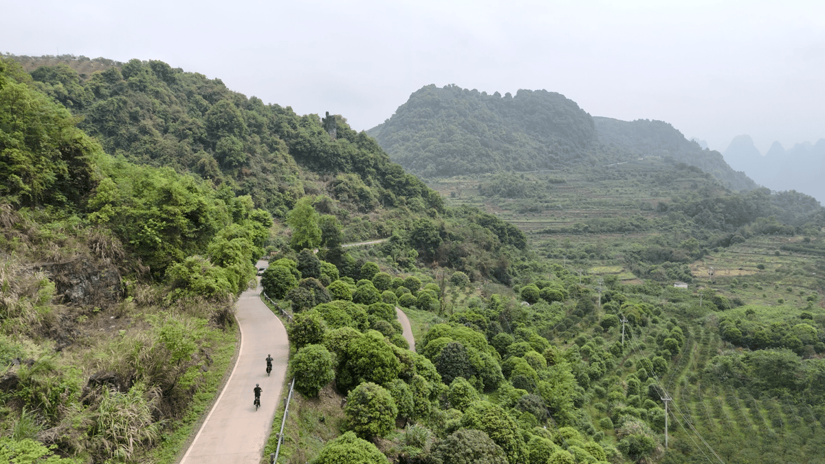 Aerial view of two riders on a paved lane along a wooded ridge above orchards