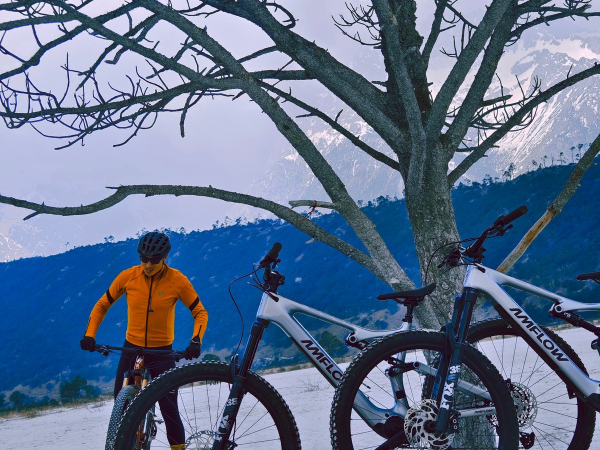 Two silver Amflow e-MTBs parked under a bare tree on the white riverbed, snowy ridges behind
