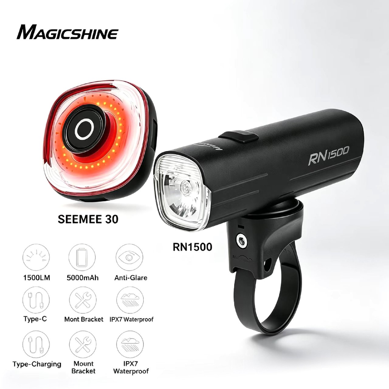 Magicshine RN1500 front light on its handlebar bracket beside the round SEEMEE 30 rear light
