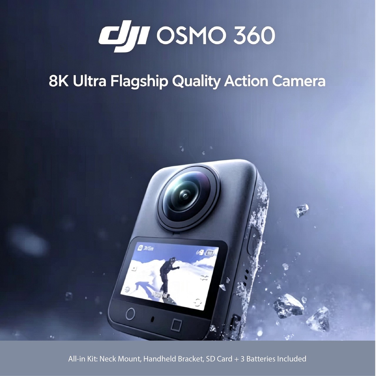 DJI Osmo 360 action camera, 360-degree lens and rear touchscreen visible