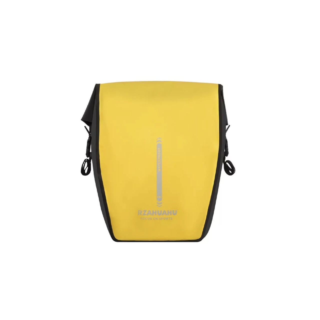 Yellow roll-top waterproof bicycle pannier with black trim and a reflective strip
