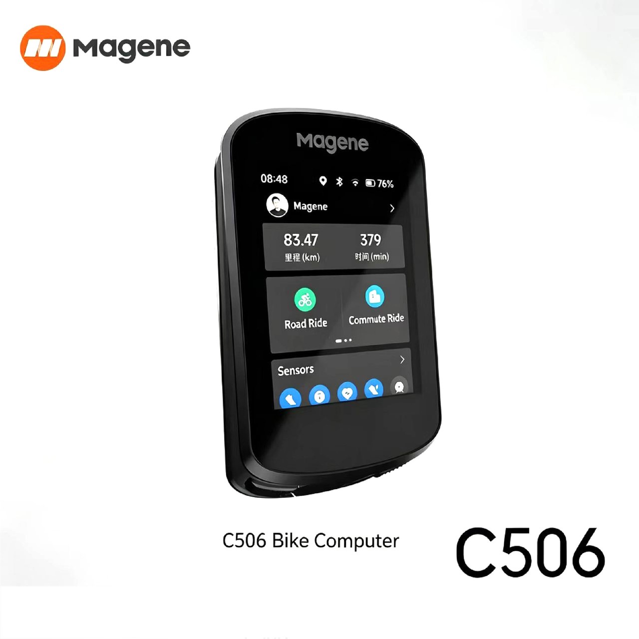 Magene C506 bike computer showing its 2.4-inch colour touchscreen with distance, ride time and sensor tiles