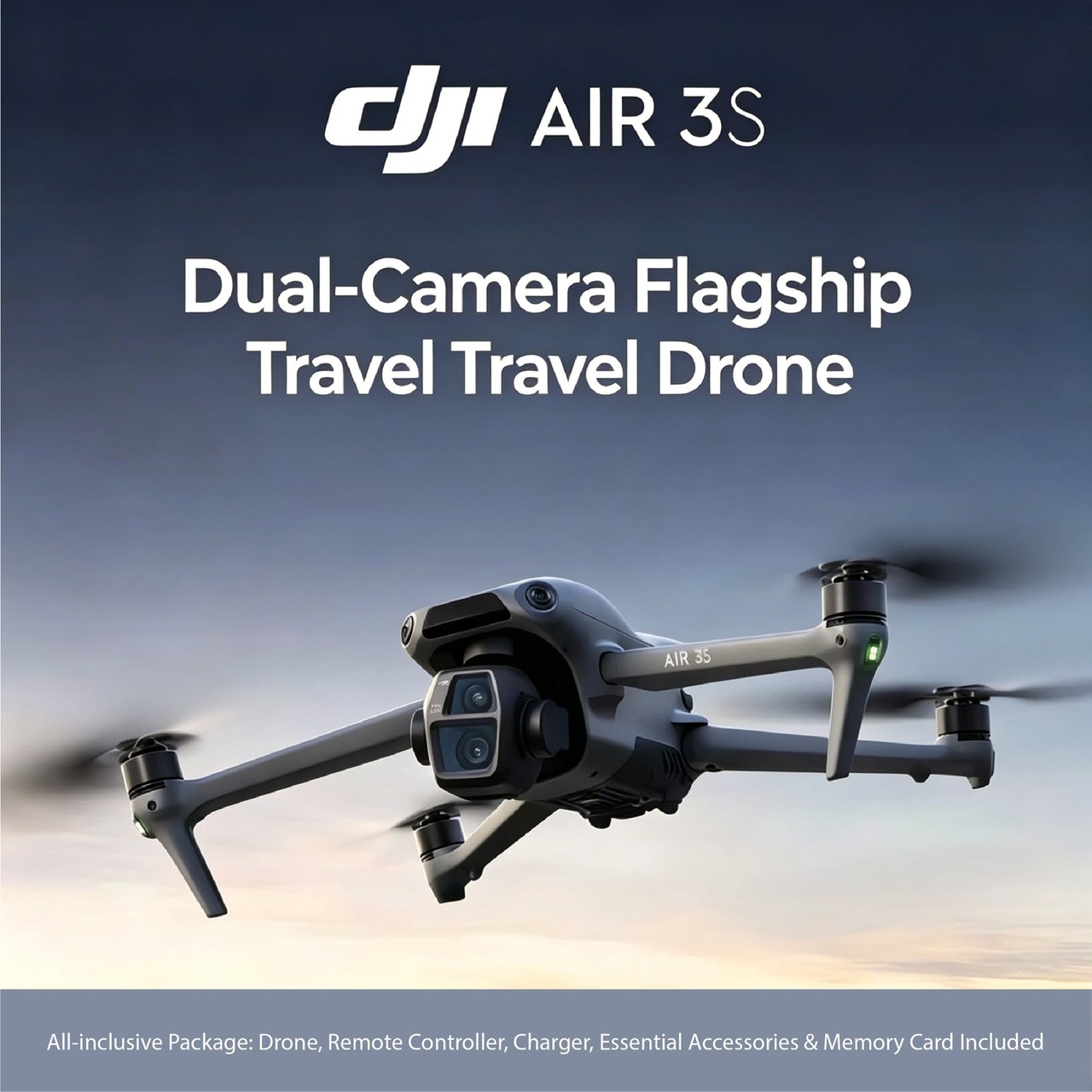 DJI Air 3S drone in flight, its dual-camera gimbal facing the viewer