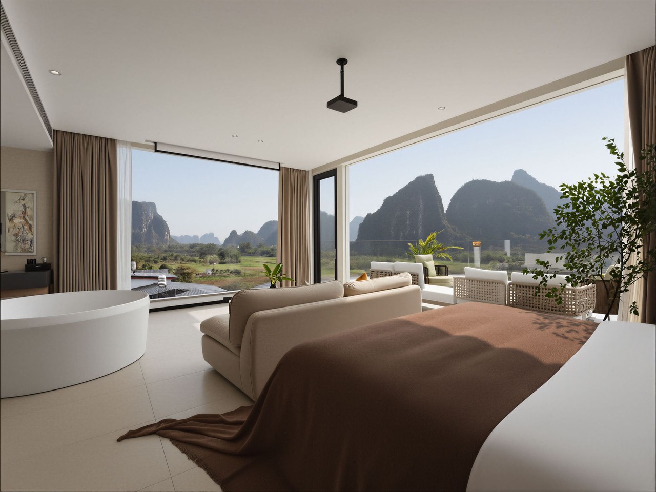 Corner suite with glass walls onto karst hills, freestanding round tub and pale sofa