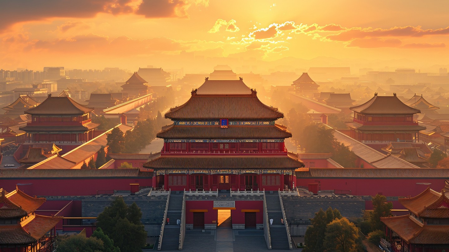 Aerial view of the Forbidden City in Beijing during a golden sunset with traditional Chinese architecture.