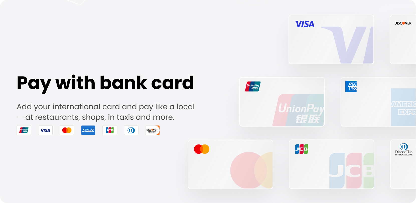 Official TenPayGo illustration of international bank cards