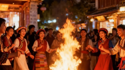 People in traditional Chinese ethnic clothing dancing around a large bonfire in a historic town at night.