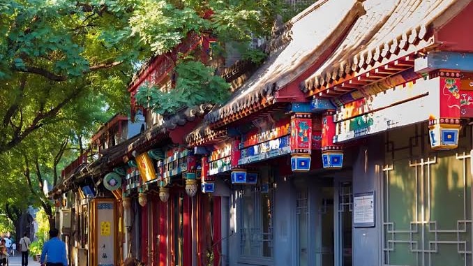 Crowded night market in a historic Chinese town with red lanterns and traditional tiled roofs.