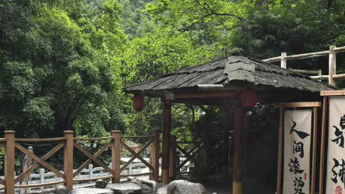 Serene outdoor natural hot spring pool at a mountain resort with a rustic wooden gazebo and lush forest.
