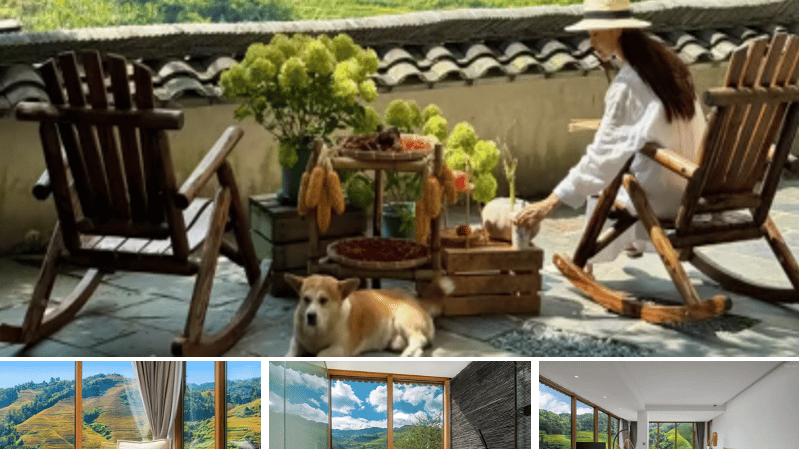 Luxury boutique hotel terrace and guest rooms overlooking scenic green rice terraces in a rural valley.
