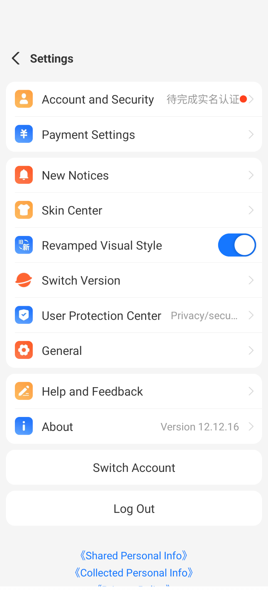 Alipay Settings screen with Account and Security marked 待完成实名认证, verification pending