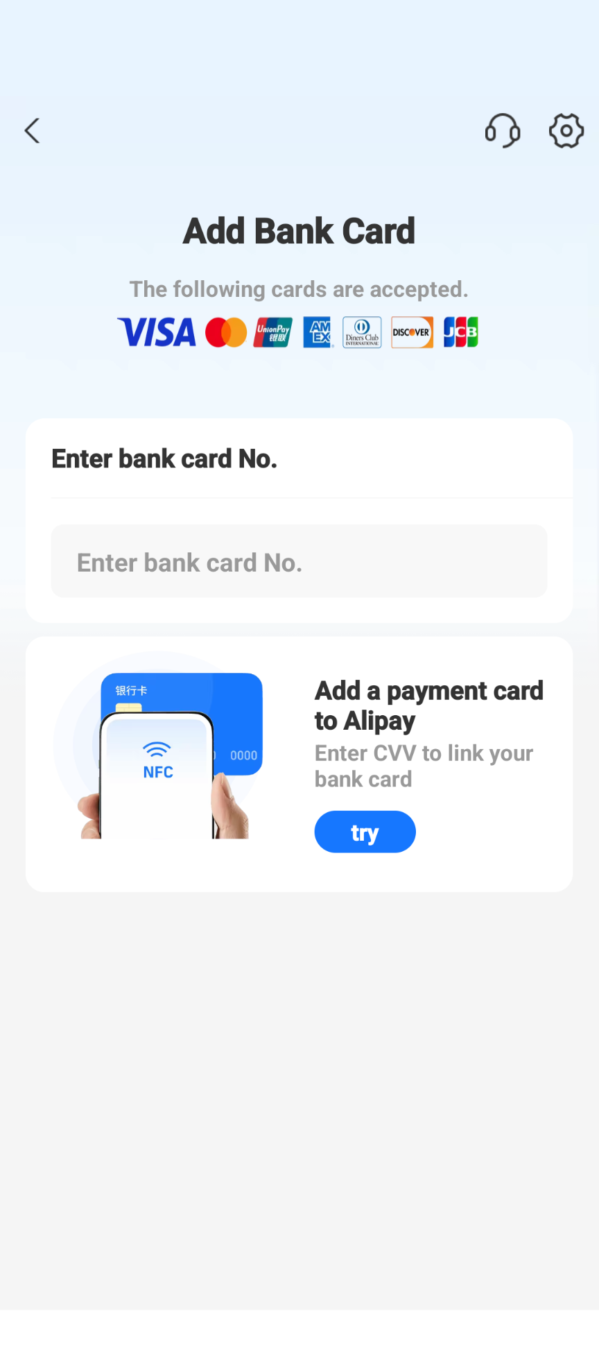 Alipay Add Bank Card screen listing accepted cards: Visa, Mastercard, UnionPay, American Express, Diners Club, Discover and JCB