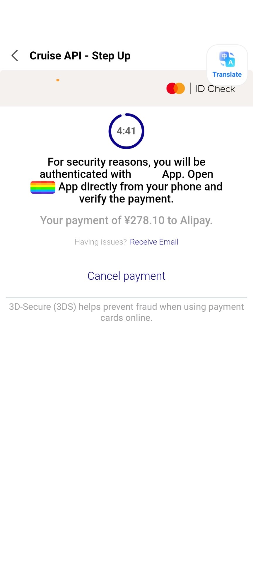 Mastercard ID Check 3D Secure page with a countdown timer, asking you to verify a payment of 278.10 yuan to Alipay in your bank's app