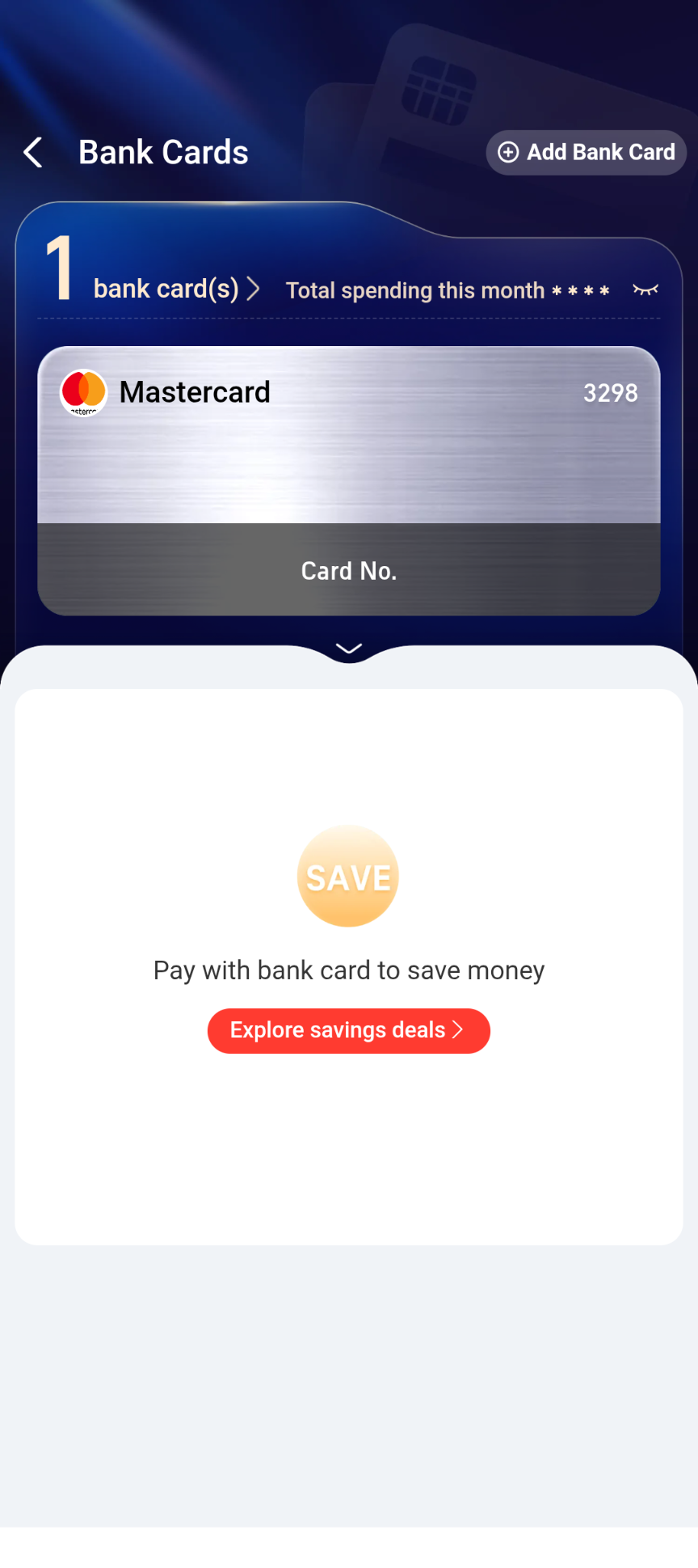Alipay Bank Cards screen showing one linked Mastercard ending in 3298