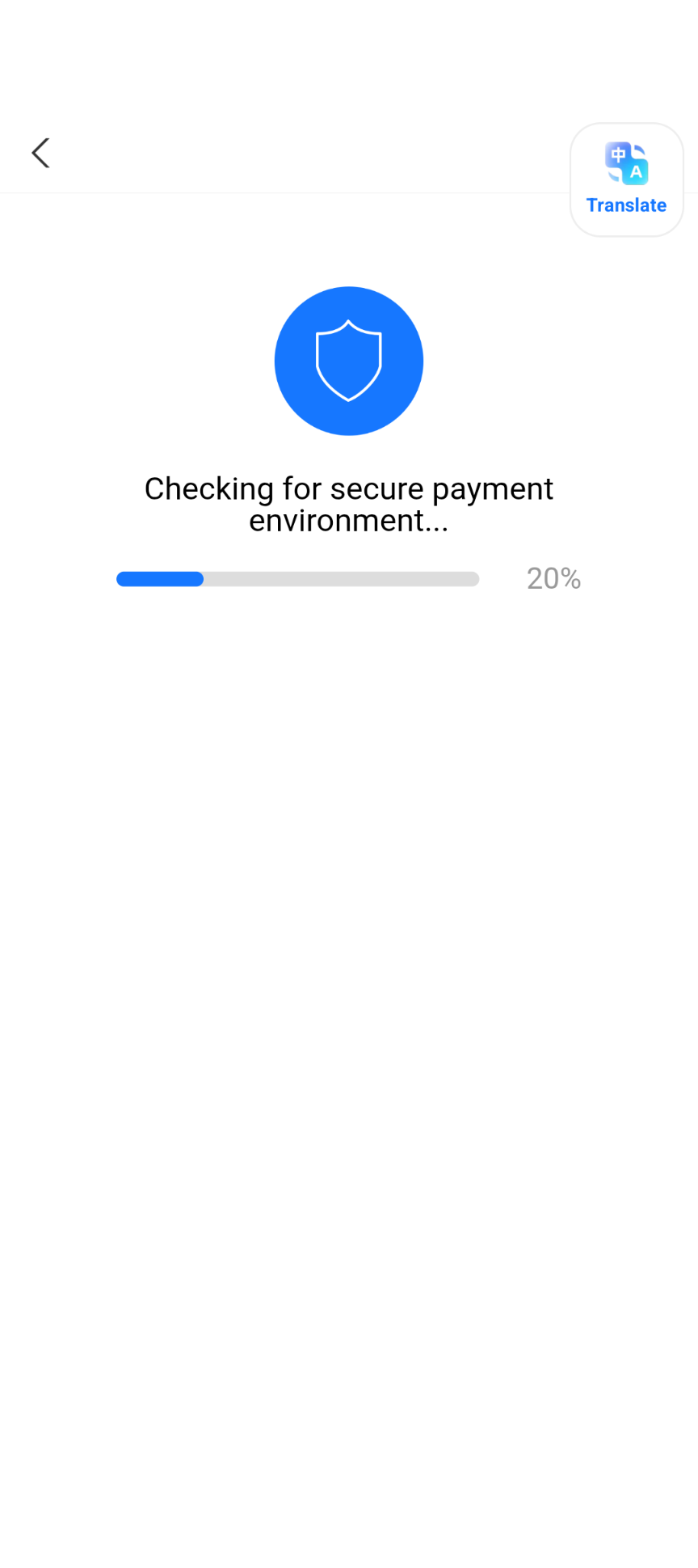 Alipay screen: Checking for secure payment environment, with a progress bar at 20 percent