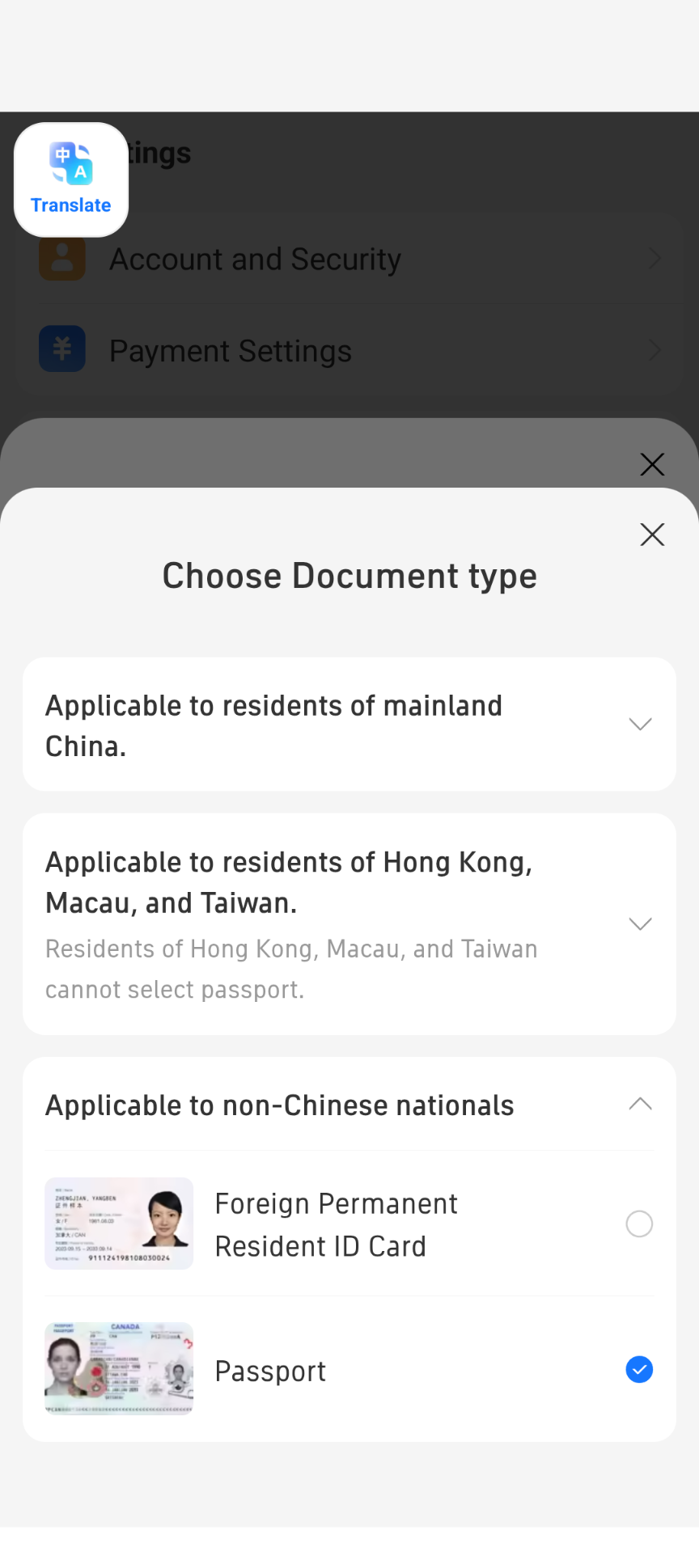 Alipay Choose Document type sheet with Passport selected under Applicable to non-Chinese nationals