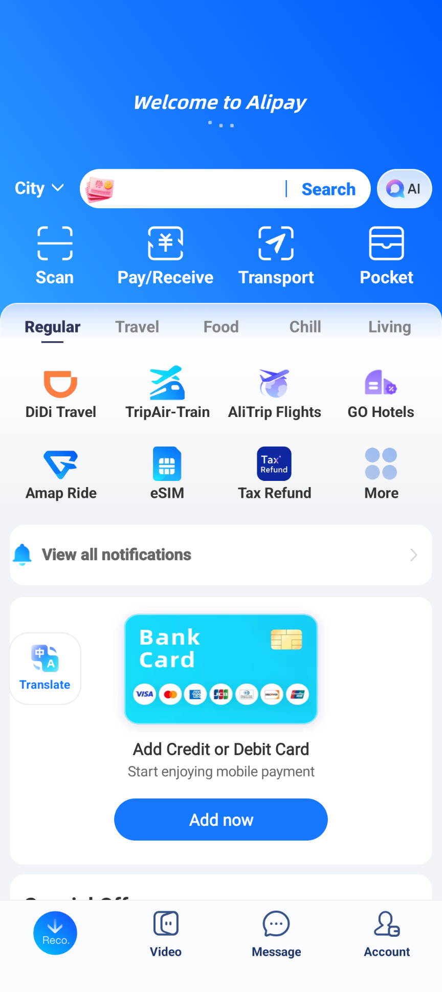 Alipay home screen in English with Scan at the top left and an Add Credit or Debit Card prompt