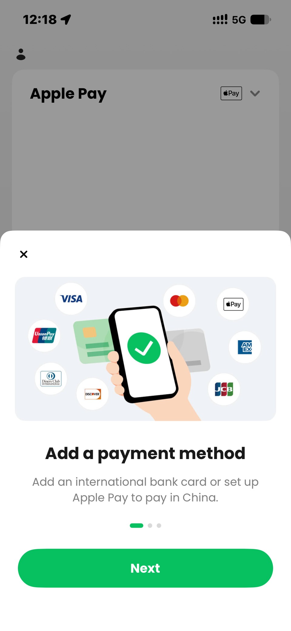TenPayGo onboarding screen: add an international bank card or set up Apple Pay to pay in China