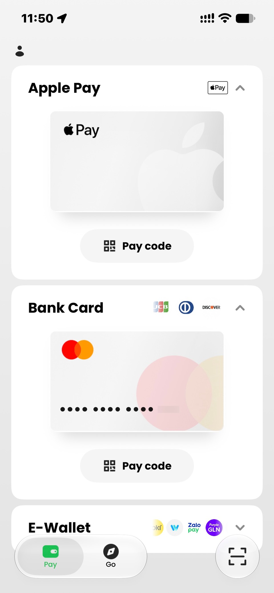 TenPayGo home screen on iPhone showing Apple Pay, Bank Card and E-Wallet sections, Pay and Go tabs and a scan button