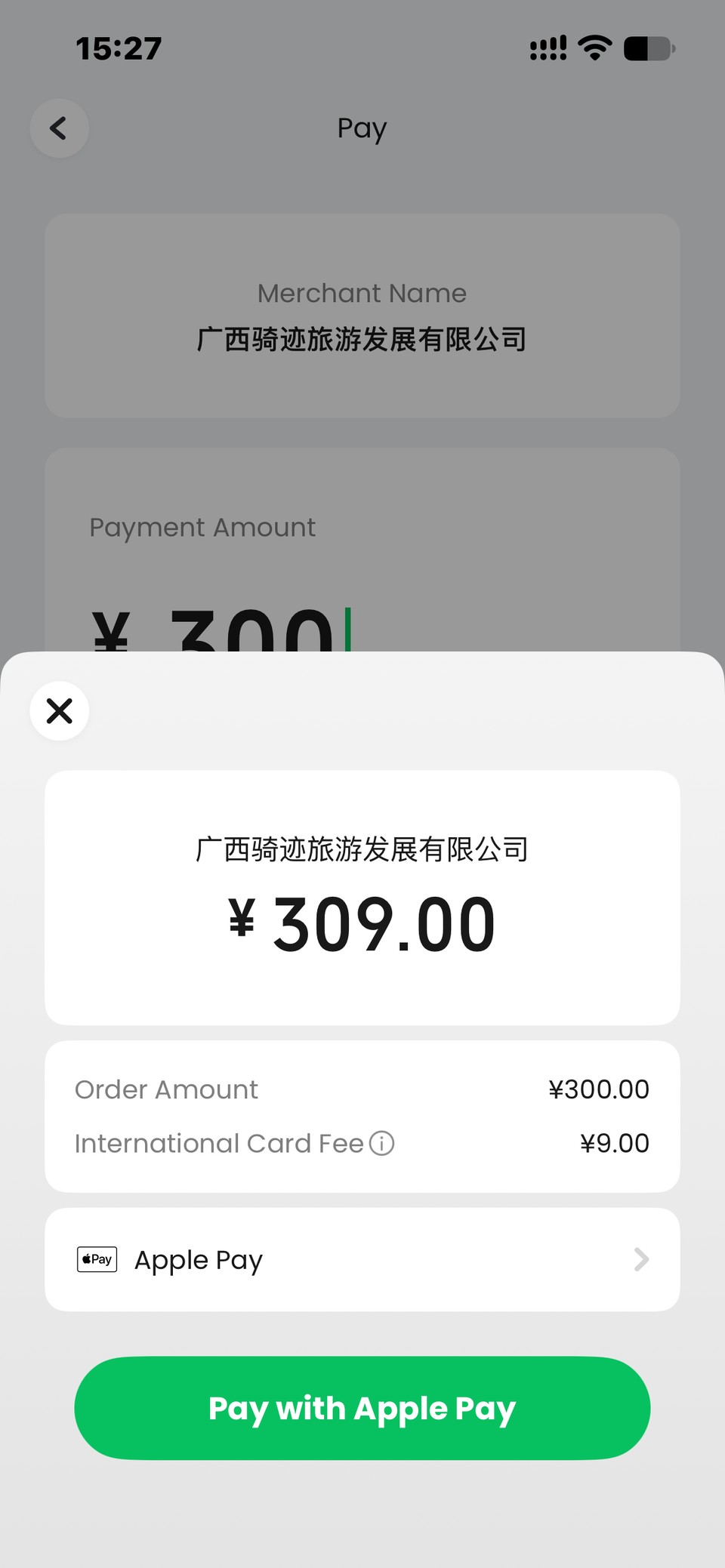 TenPayGo confirmation screen: order amount 300.00 yuan plus an international card fee of 9.00 yuan, total 309.00 yuan, paid with Apple Pay