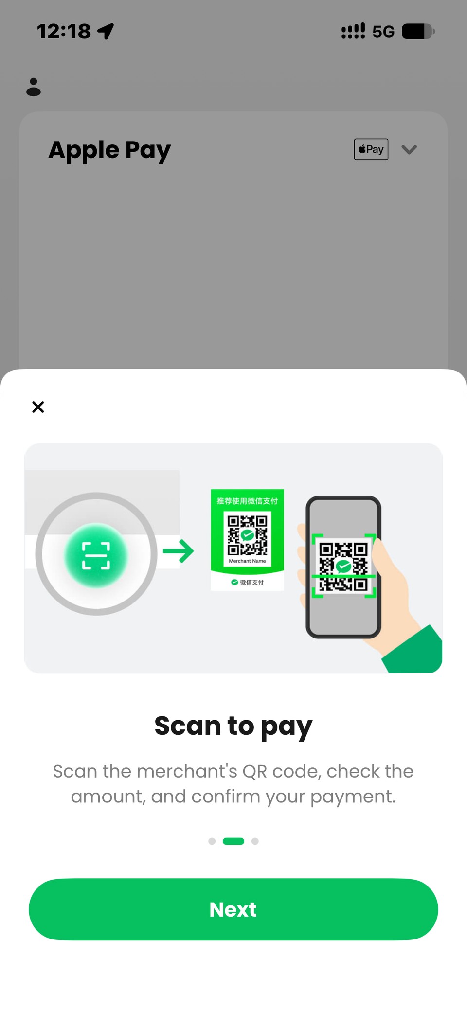 TenPayGo onboarding screen: scan the merchant's WeChat Pay QR code, check the amount and confirm the payment