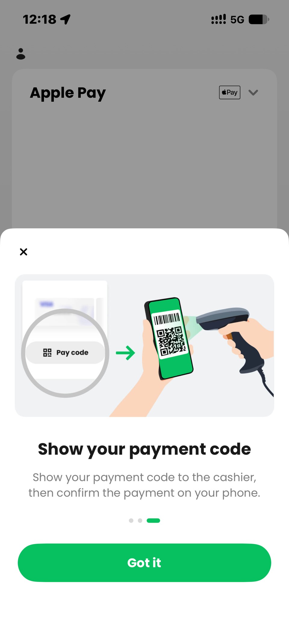 TenPayGo onboarding screen: show your payment code to the cashier, then confirm on your phone