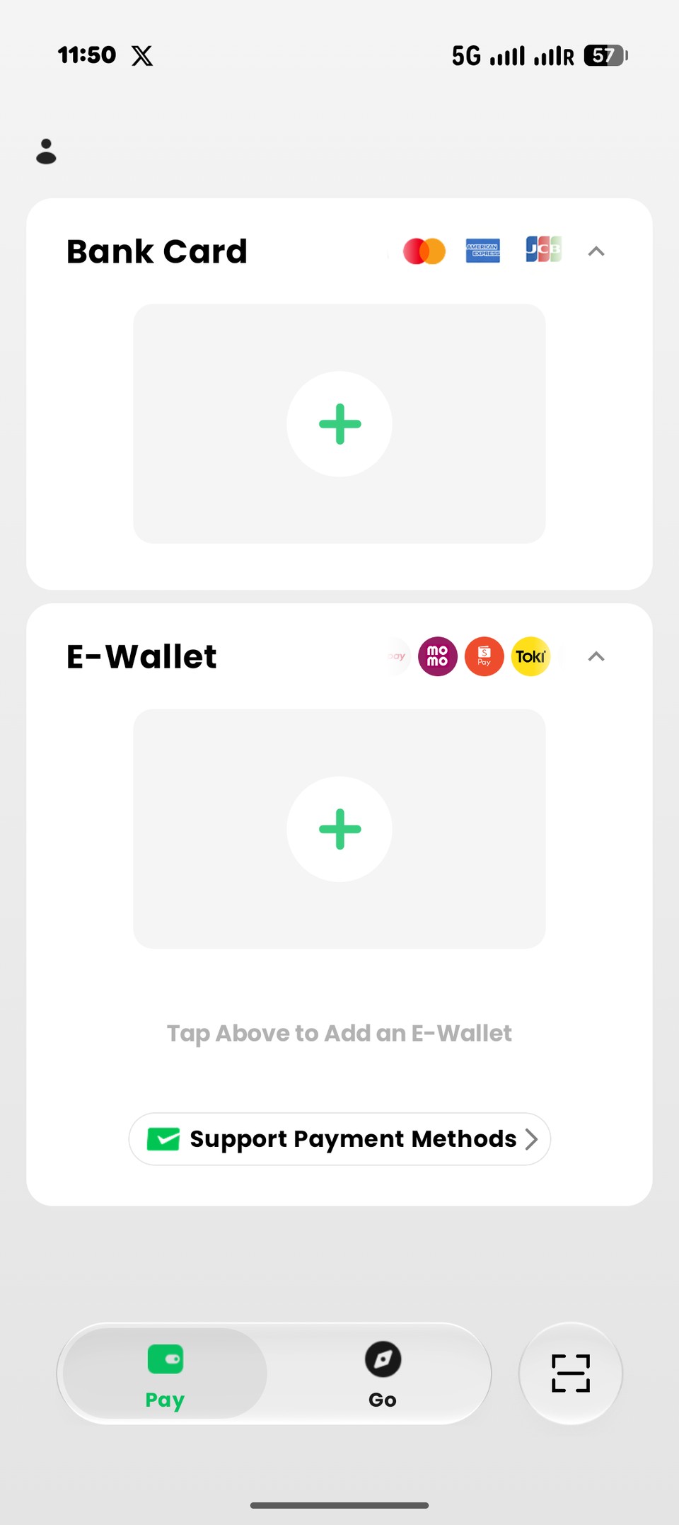 TenPayGo home screen on Android with only Bank Card and E-Wallet sections and no Apple Pay option