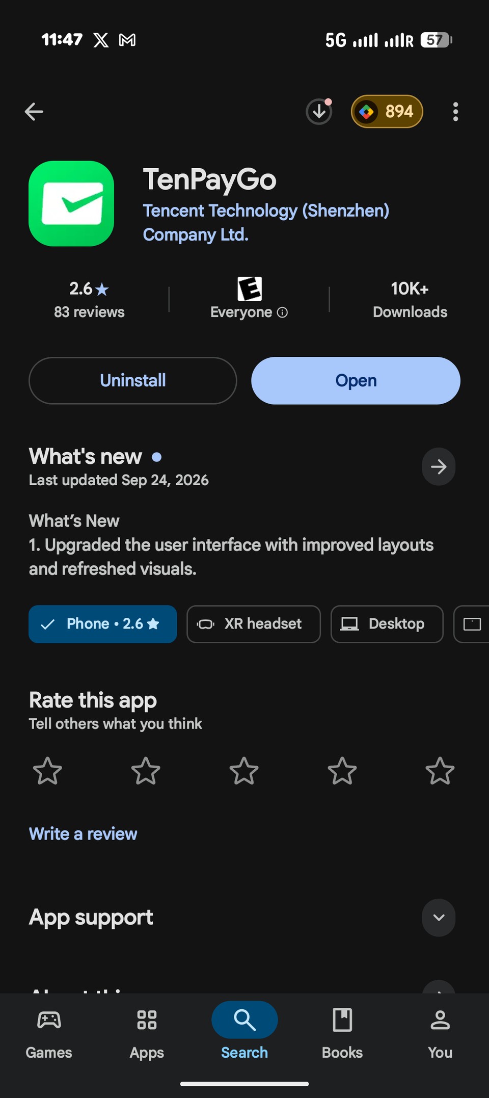 TenPayGo listing on Google Play, published by Tencent Technology (Shenzhen) Company Ltd.