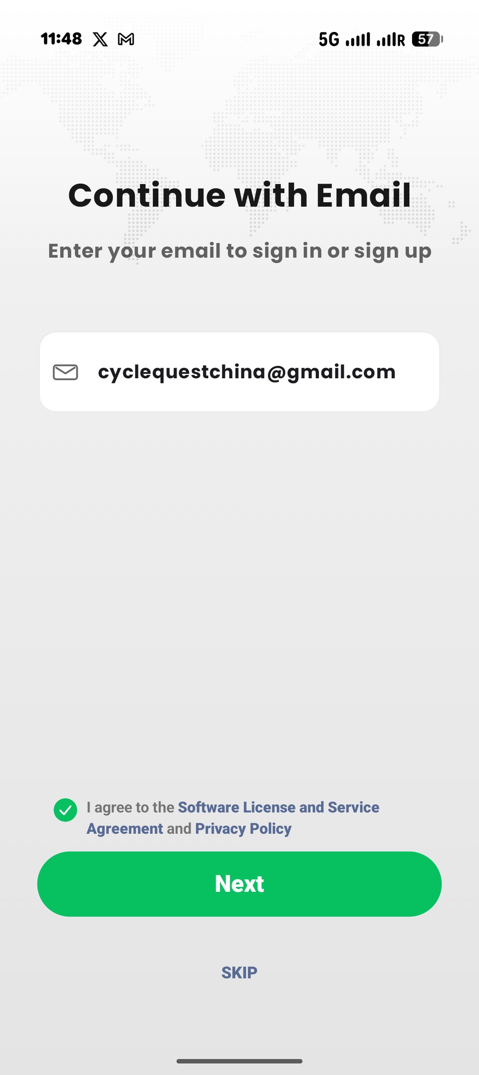 TenPayGo sign-up screen on Android: Continue with Email, with a SKIP option at the bottom