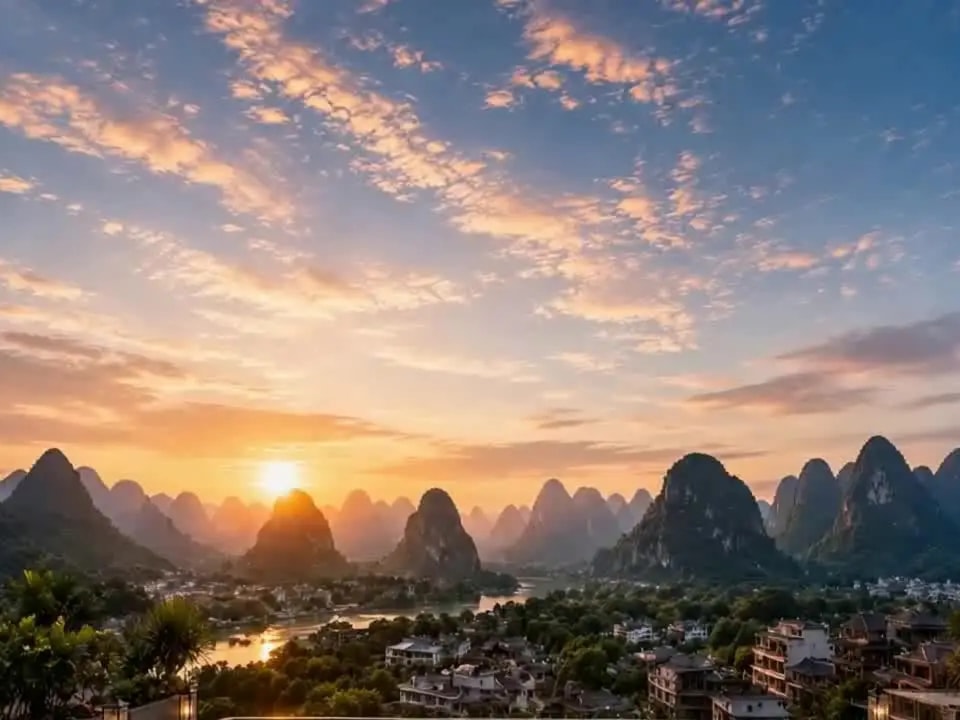 Sunrise over a valley of karst peaks and a river, seen past a glass balcony