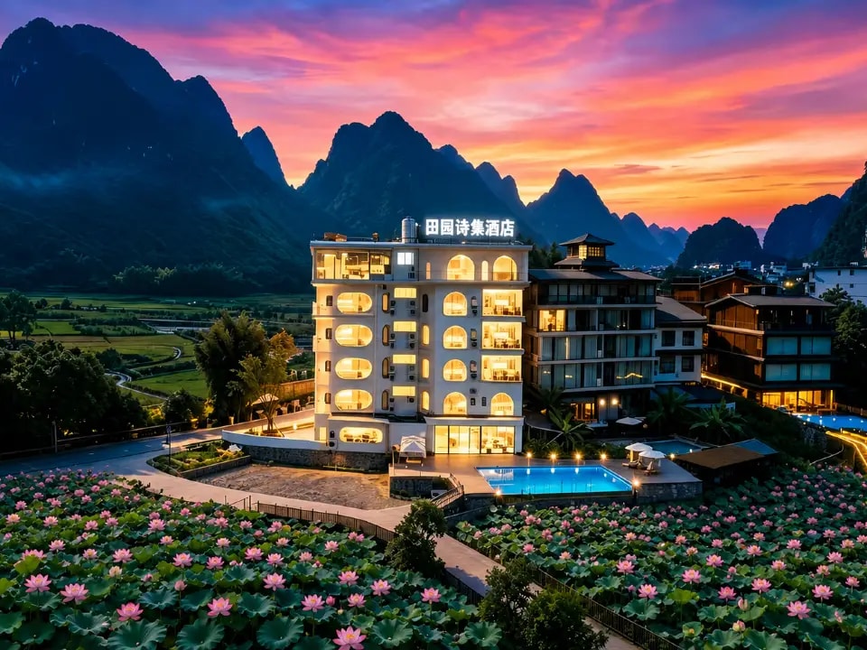 Lit hotel block above lotus ponds and a pool at sunset, karst ridges behind