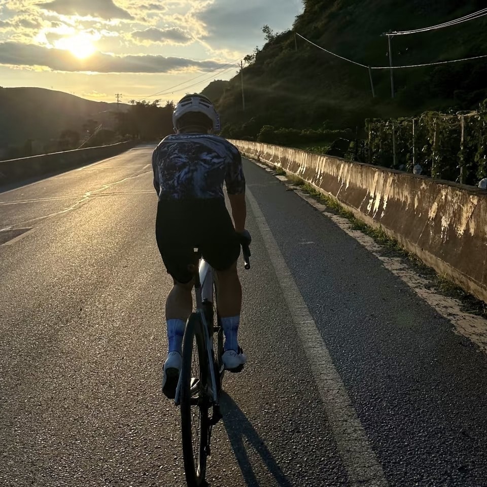Cyclist riding a hillside road into low morning sun beside an orchard wall