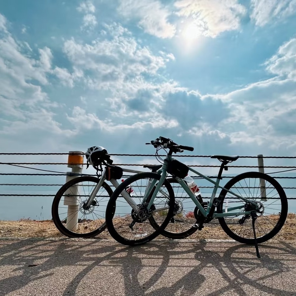 Two bikes parked against a rope railing on the lakeside path under a bright sky